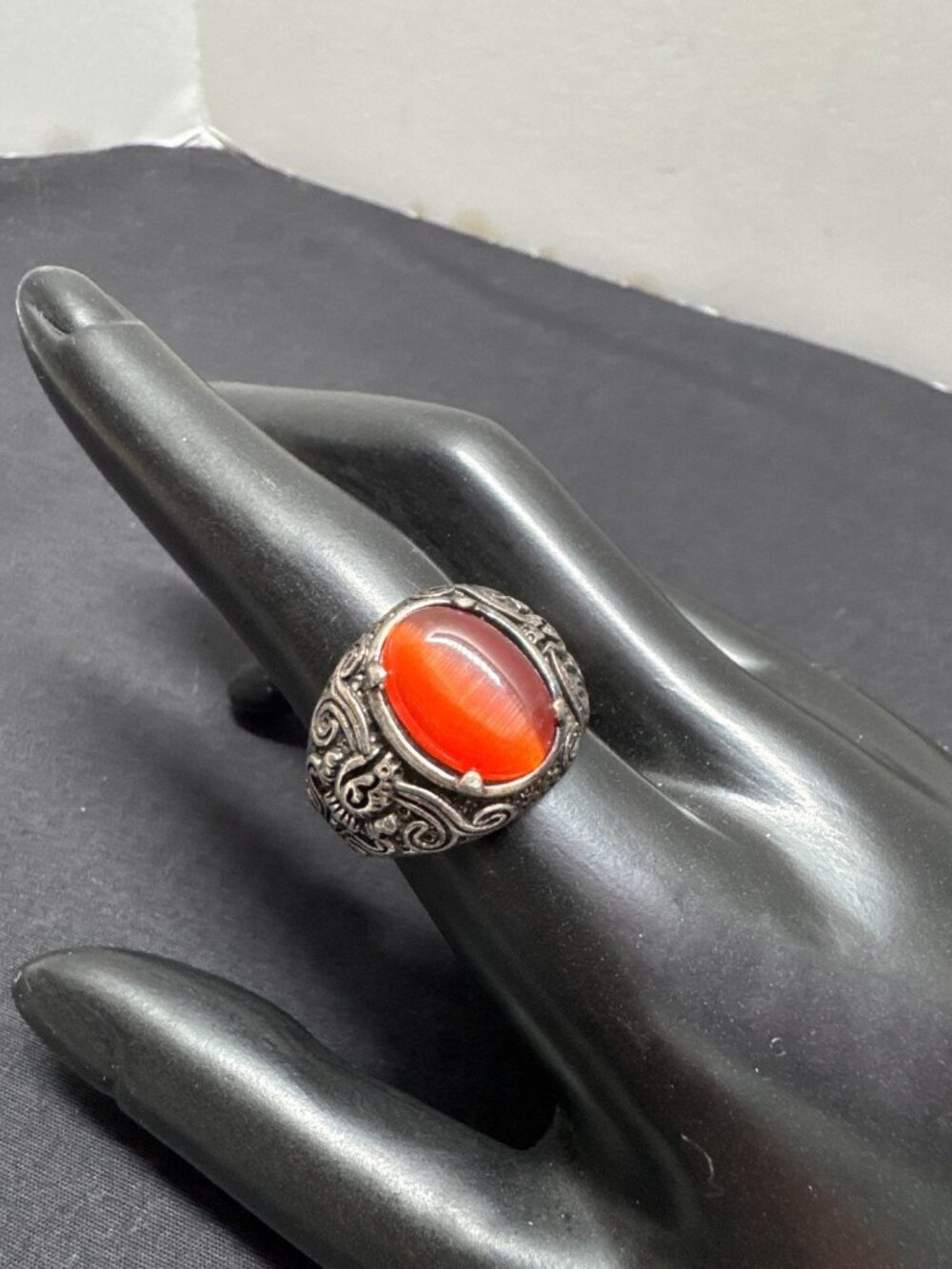 Vintage Sterling Silver 925 Ornate Red Carnelian Ring Size 9 Mens Boho Statement